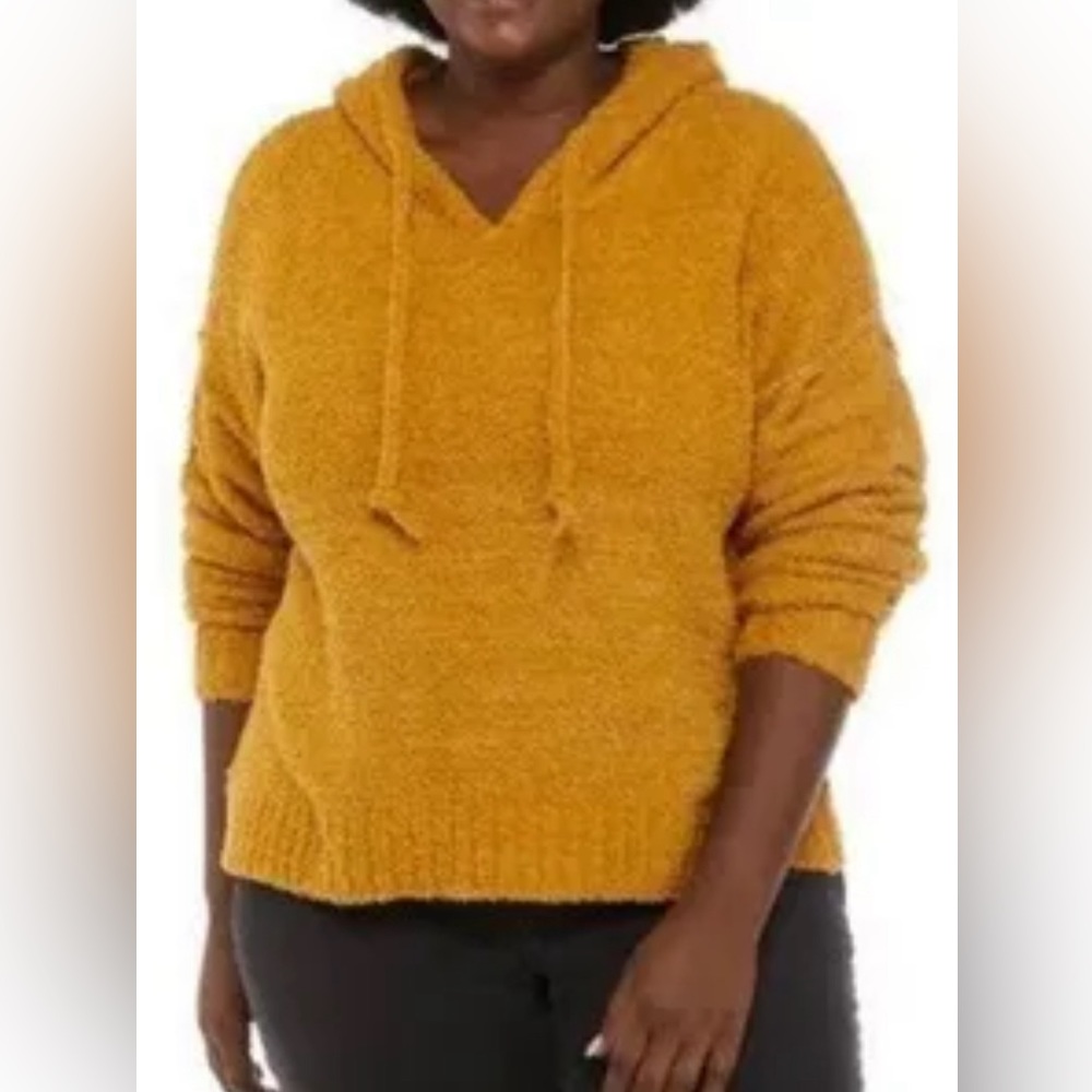 True Craft Mustard Yellow Boucle Knit Hooded Pullover Sweater Womens XL